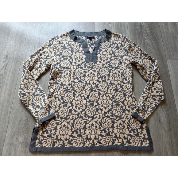 Lands End Womens Medium Black Brown V-Neck Floral Sweater Top - Picture 3 of 7